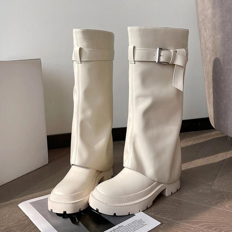 Fashion Elegant Black Belt Buckle Straight Tube Knee High Skirt Boots Women's Autumn Winter Fashion 5cm Thick Heel Western Long Boots