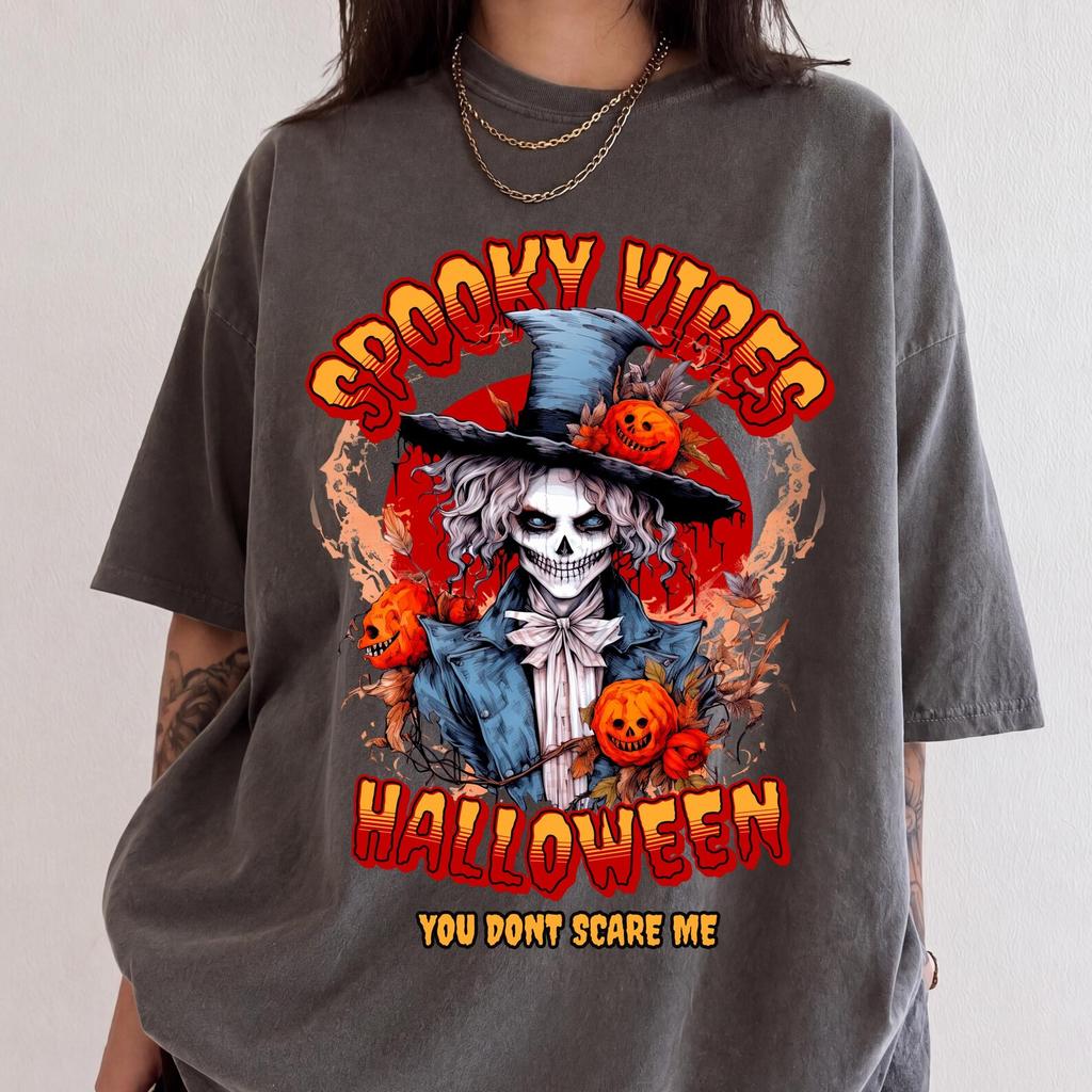 Spooky Vibes Halloween Shirt, Comfort Colors Skeleton Pumpkin Tee