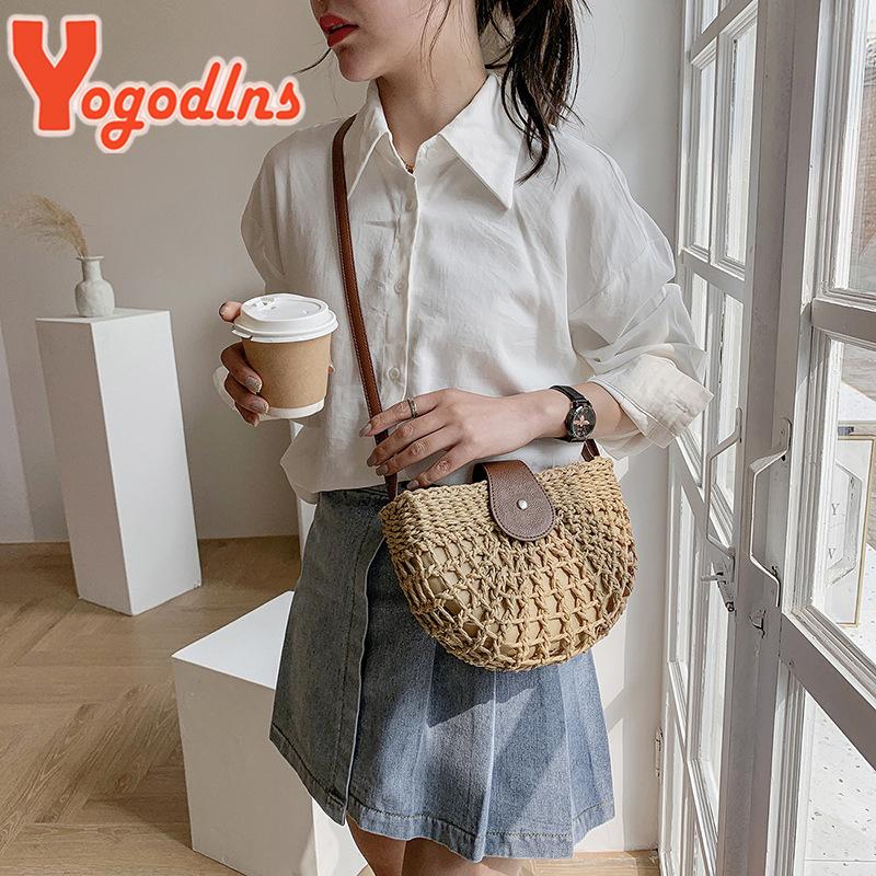 Yogodlns Summer Straw Bag For Women Semicircle Crossbody Bags Rattan Handmade Messenger Handbag Travel Beach Bags Tote