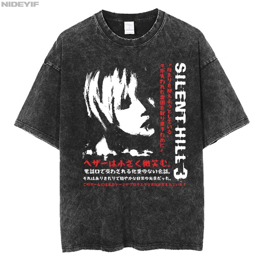 

Silent Hill Oversized T shirt Cotton Vintage Washed Tshirt for men women hiphop streetwear P S