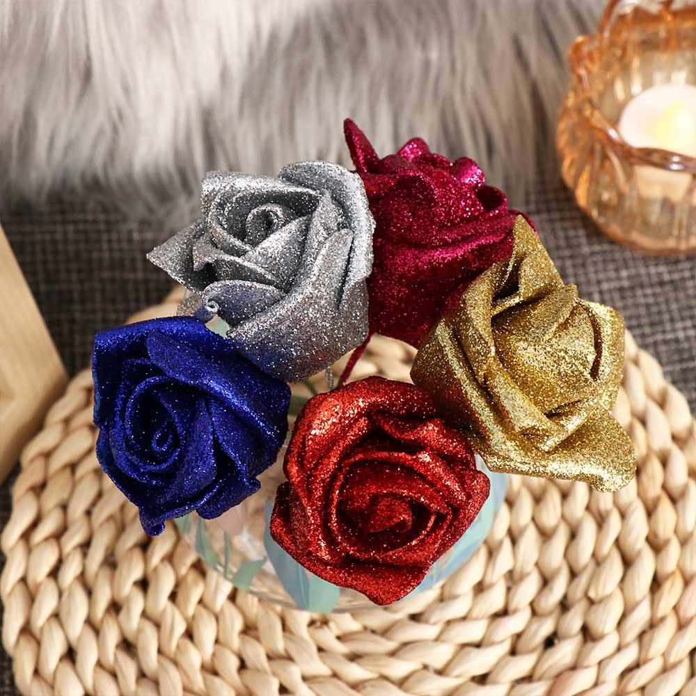 

Glitter Powder Blue Roses Bride Bouquet Artificial Flowers Decoration Foam Roses Artificial Roses золотий