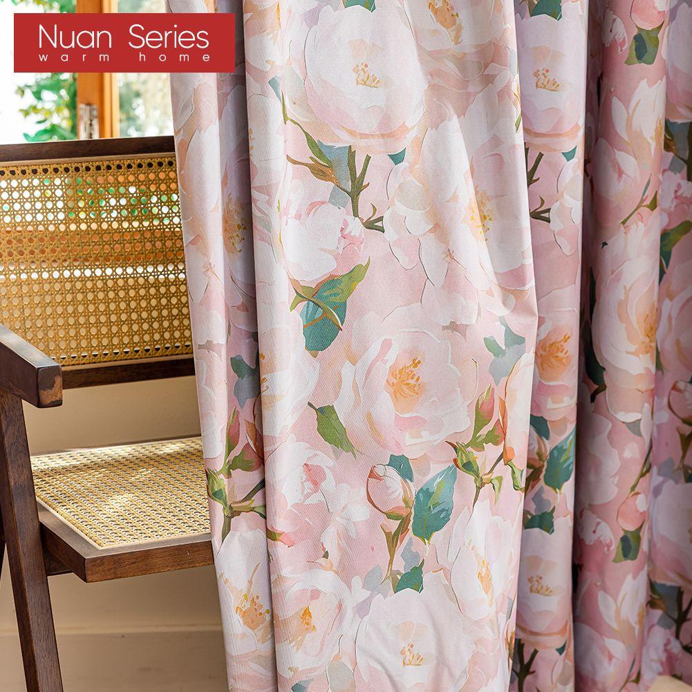 1 Stück Nuan Serie Französischer Landhausstil Verdunkelungsvorhänge Rosa Kamelien-Druck Vorhänge für Schlafzimmer Wohnzimmer Balkon Fenster für Heimdekoration