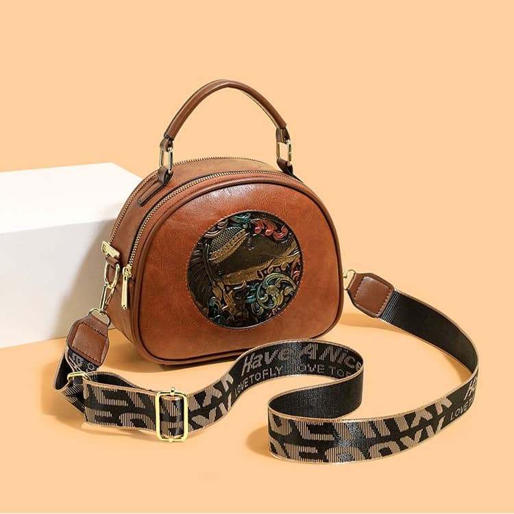 Vintage embossed soft leather small round bag women's shoulder bag