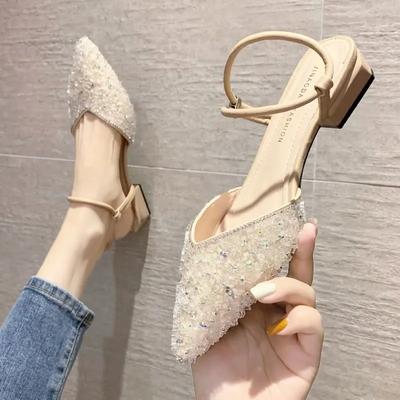 Fashion Sexy Women's Shoes Trend 2024 Medium Heel Party Chunky Sandals Woman Rhinestone Comfortable Elegant Sandal Fashion Summer New