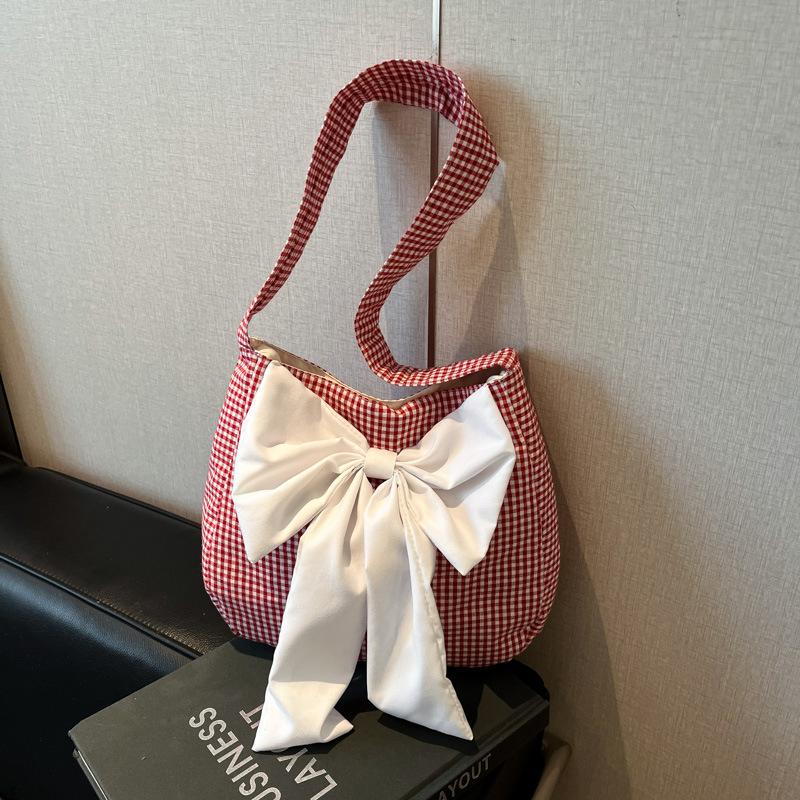 2025 New Plaid Tote Bag Lazy Versatile Shoulder Bag Women's Bow Messenger Bag Trendy Bag