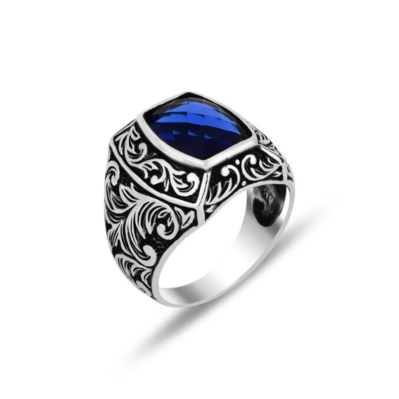 Vintage Silver Color Square Rings for Women Trendy Inlaid with Blue Stone Flower Personalized Creativity Party Rings Jewelry