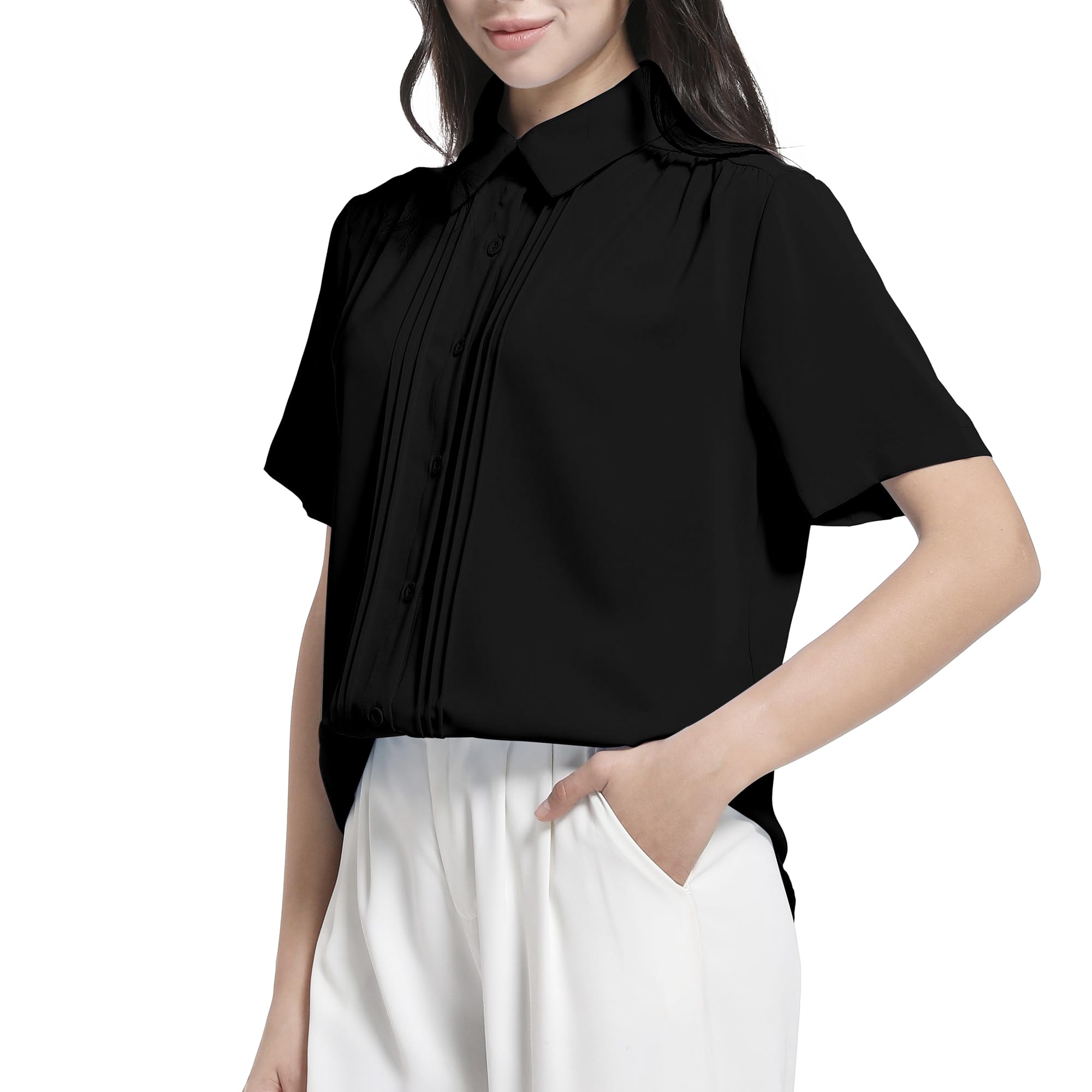 

Короткое платье с защипами, мягкое, свободное, большого размера, повседневное, дезодорирующее, высокое, M [ВЕСЕННИЙ СЕЗОН] Женская рубашка, рукав, блузка, рубашка, лето, посадка, размер, утюг, чёрный