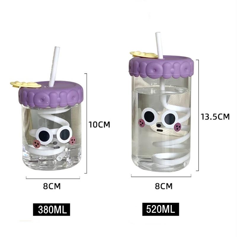 380ml/520ml Cute Expression Glass Water Bottle With Straw Portable Adult Student Coffee Milk Juice Drinking Bottles