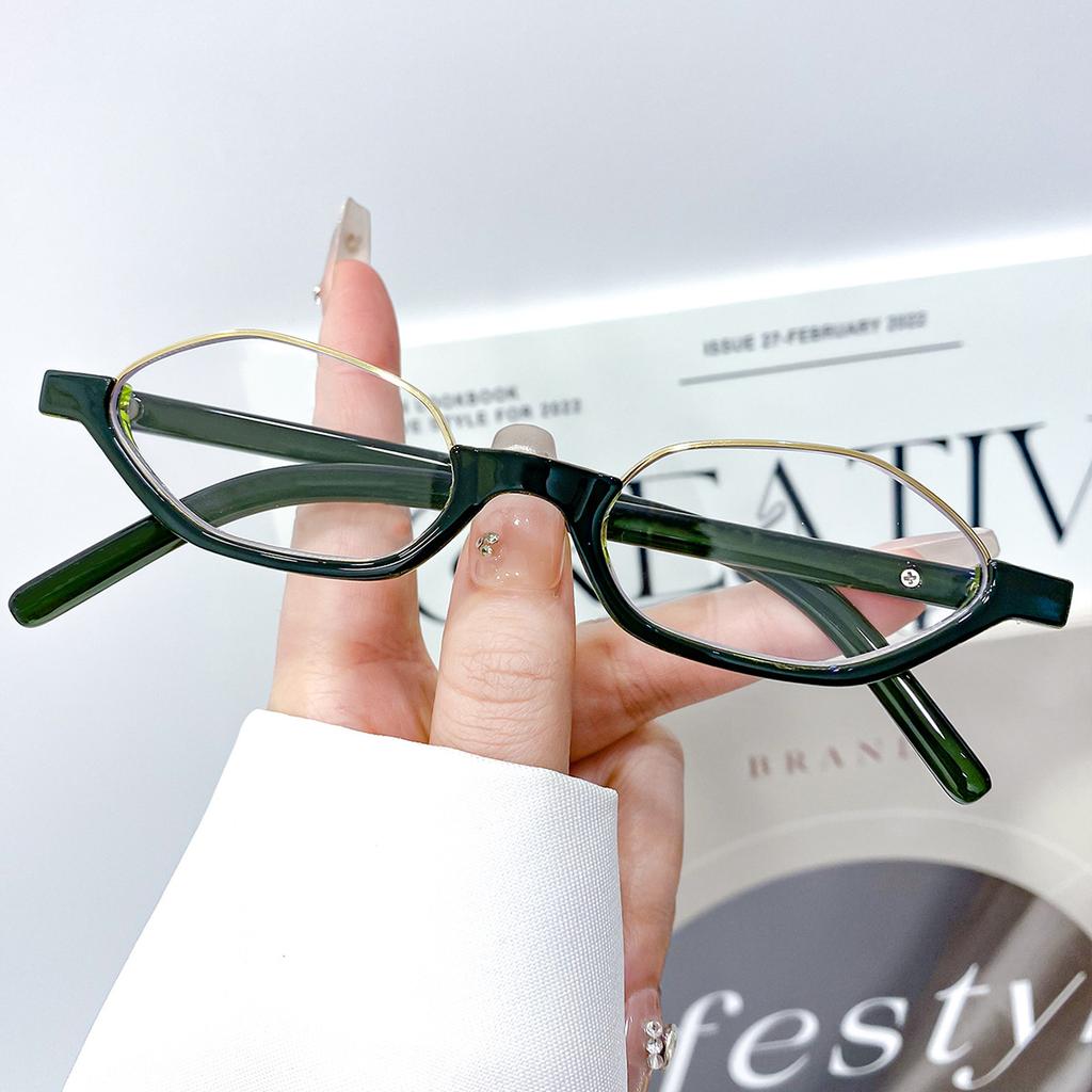 New cat's eye half-frame fashion glasses retro literary trend women's European and American versatile small frame metal flat mirror