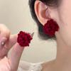 Red Retro Flocking Flower Stud Earrings Women's Fashion High-end Temperament Earrings New Exquisite Fashion Versatile Earrings