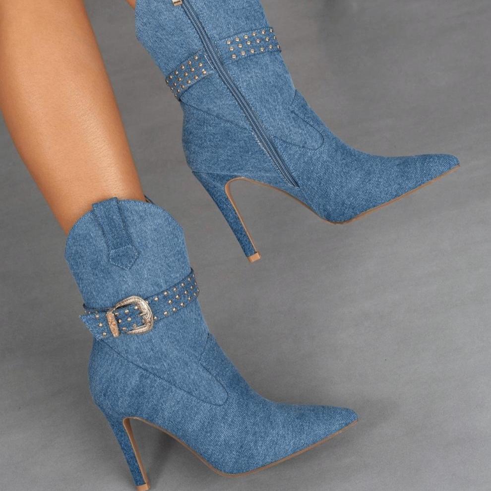 Fashion Fashion Denim Belt Buckle Pointed Toe Women Ankle Boots Shoes Sexy Thin High Heels Party Prom Zipper Botas Para Mujer