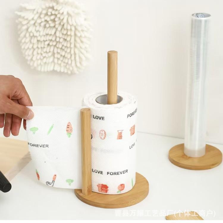 Bamboo Kitchen Countertop Tissue & Napkin Holder - Vertical Solid Wood Paper Roll, Cling Film, and Rag Rack with Paper Presser.