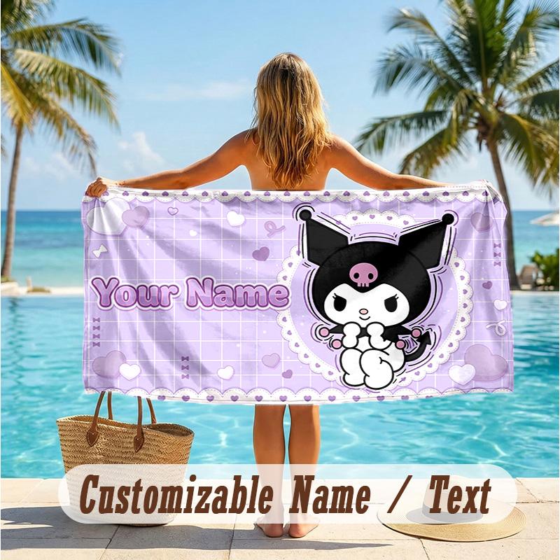 Custom Text Beach Towel, Soft Absorbent Swimming Multi-use TowelKuromi