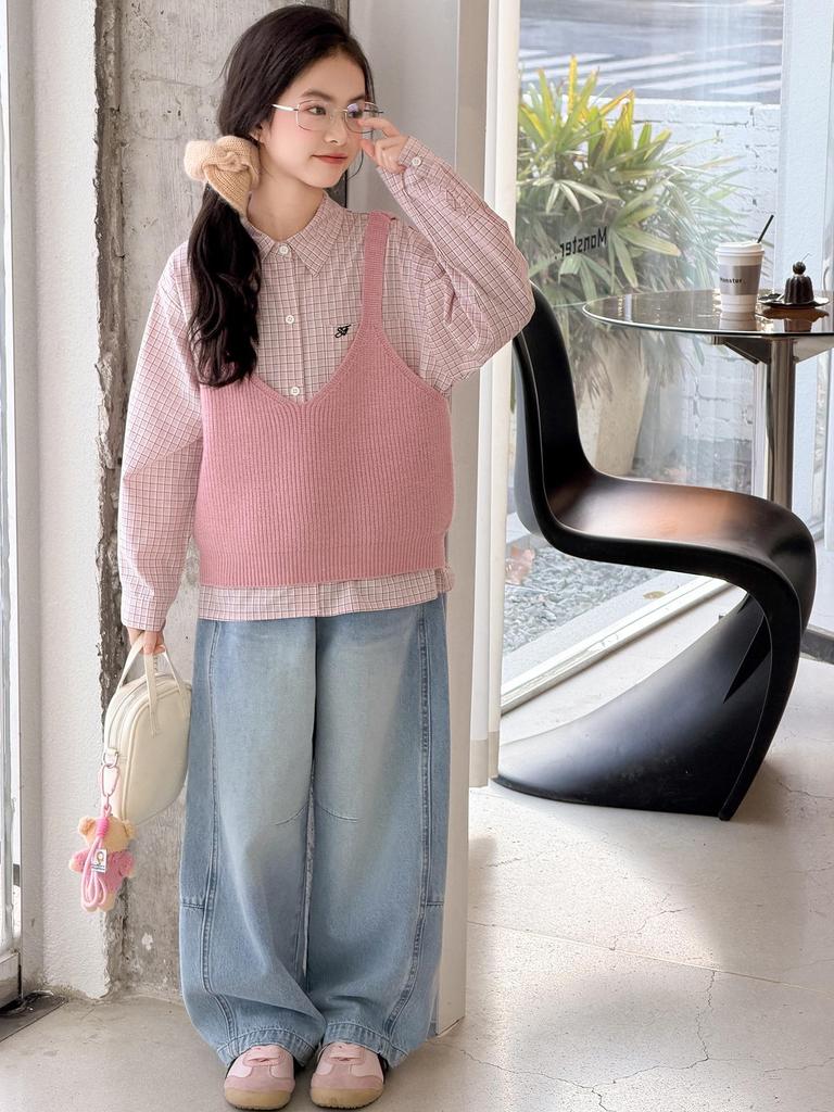 Adorable Girls' Spring Vest & Shirt 3-Piece Set - Korean Style for Older Children