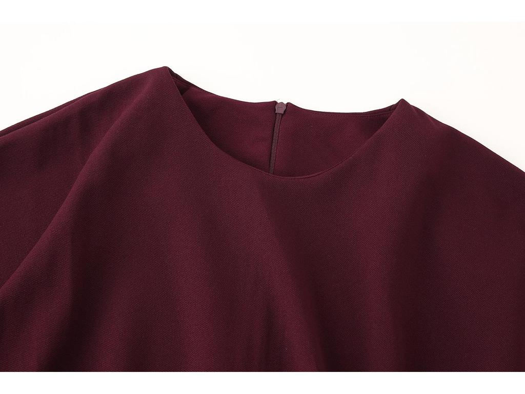 Spring 2025 Women's European & American Style Pleated Midi Dress - Short Sleeve, Round Neck