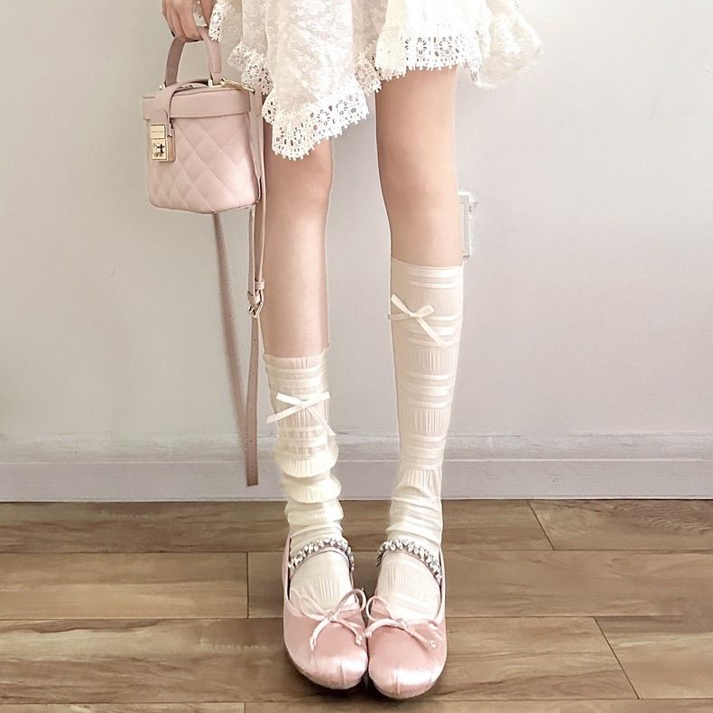 Ice Silk Calf Socks for Women | Summer Sweet Bowknot Slouch Socks - Thin White Lace Ballet-Style Knee-High