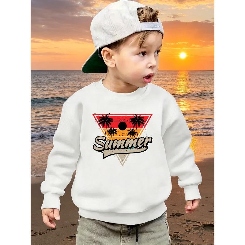 European sizes Kids' Trendy Letter and Coconut Tree Pattern Print Casual Long-Sleeve Crewneck Sweatshirt / Comfortable / Simple and Versatile