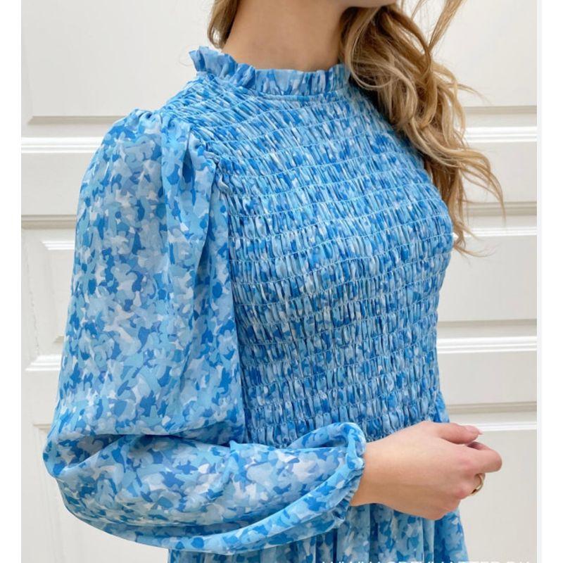 

Export Fashion O Home Spring French Style Brilliant New Lantern Sleeve Exquisite Print Corset All-Matching Graceful Dress Blue XL