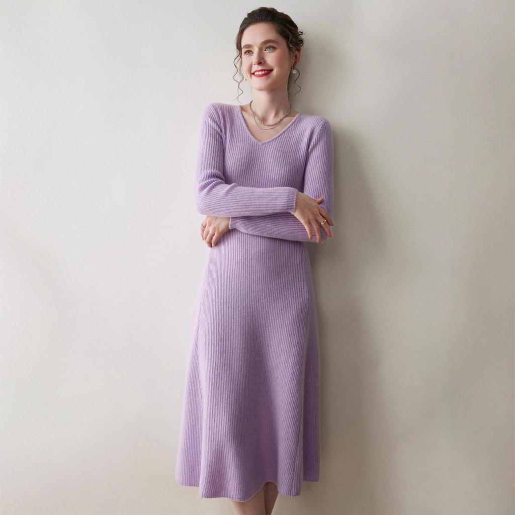 Women's Slimming V-neck Cashmere Knit Dress - Long Wool Dress for Autumn/Winter