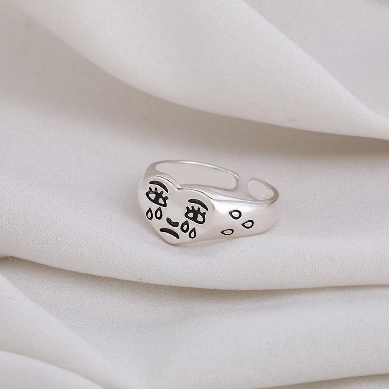 Style Retro Ring, Love Heart, Crying Face Ring, Temperament Tear Point Expression Open Ring