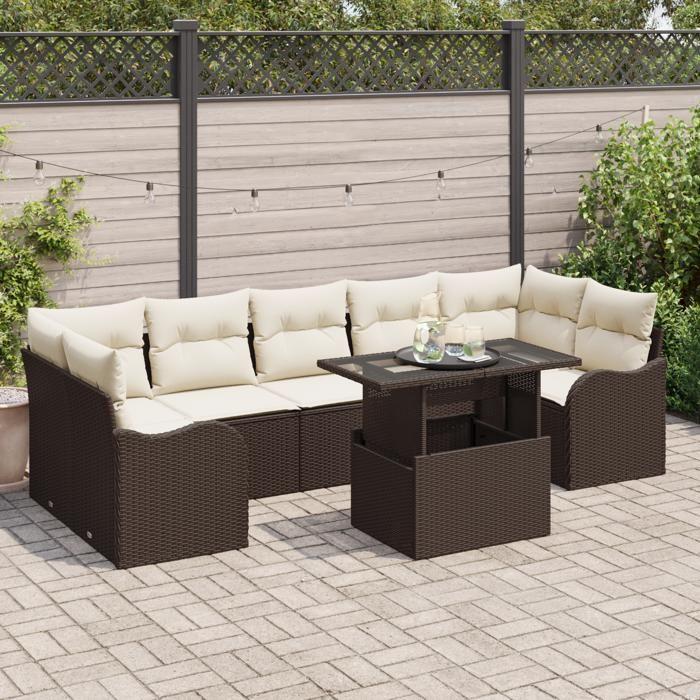 Ensemble de canapé de jardin de 8 pièces avec coussins marron poly rattan, Canapé de jardin 2 places avec coussins marron 3348414