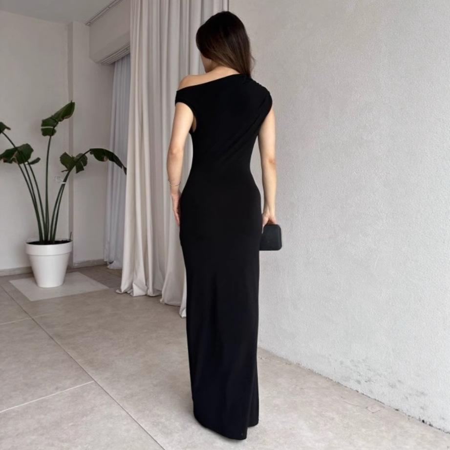 European and American Style Women's Clothing New Summer Simple and Elegant Slanted Shoulder Tight Mid-waist Pleated Split Dress