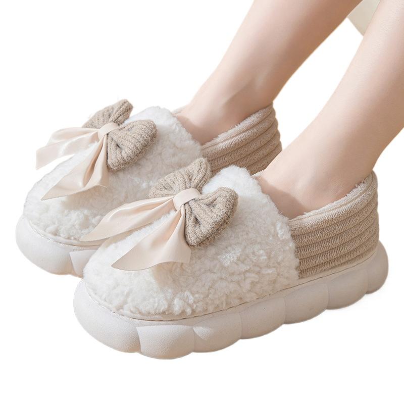 Fashion Fur Slippers For Women Winter Bow Furry Fashion Warm Ankles Plush Cozy Slides For Home Indoor Soft Sole Cotton Shoes