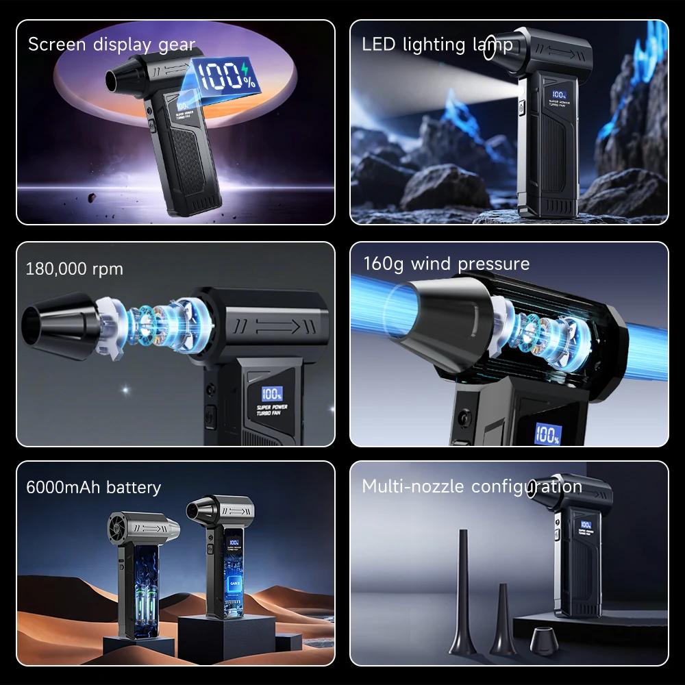Super Powerful Turbo Air Blower - 180000 RPM Turbo Jet Fan,- Brushless Motor, 52m/s 4 Speed LED Light, 6000mAh Battery, Snow Blo