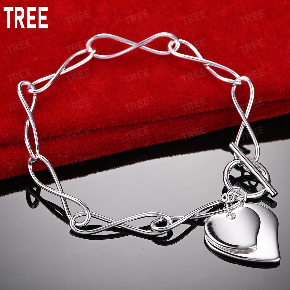 925 Sterling Silver Simple Heart-Shaped Side Chain Bracelet Gift Jewelry 20CM