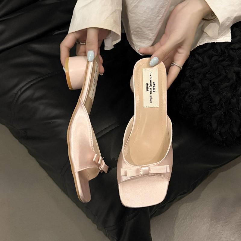 Premium casual French evening breeze square head bow one-word slippers women's spring new outer wear with skirt cool slippers