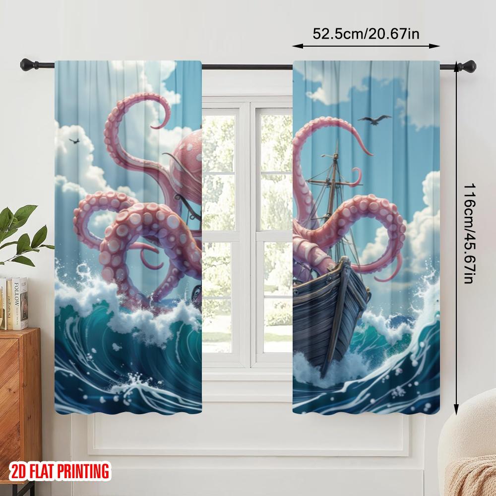 2pcs,2D plane printing Curtains Digital Printed Krakens Embrace Versatile Durable Polyester (without rod) Outdoor Decorations
