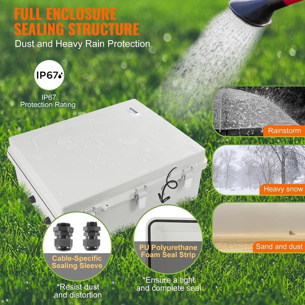 Outdoor Electrical Junction Box, 13.78 x 9.84 x 5.90 in, ABS Plastic Electrical Enclosure Box with Hinged Cover Stainless Steel Latch, IP67 Dustproof
