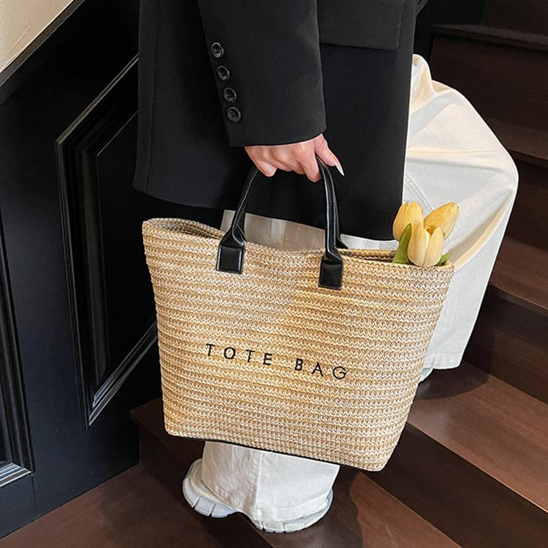 Women Straw Tote Handbag Large Capacity Crochet Beach Shoulder Bag Solid Color Weaving Travel Ladies Summer Daily Bag CLE