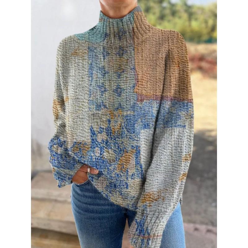 Womens Christmas Print High Neck Sweater Loose Fit Casual Long Sleeve Top