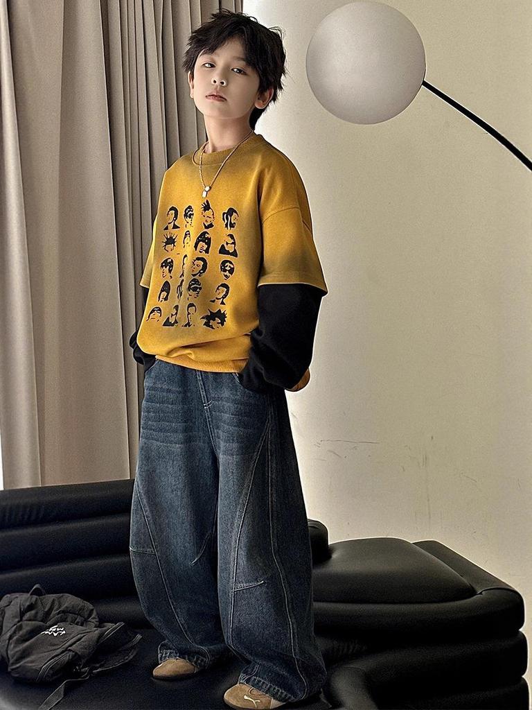 Jungen 2025 Trendiges Langarm-Sweatshirt: Amerikanisches Fake-Zweiteiler-Design für Kinder