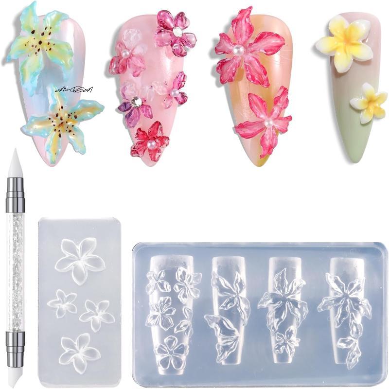 3 st/set Silikonform för Nageldekor 3D Blommönster med Snidningspenna Vårblommor Blommig Manikyr DIY Dekorationsverktyg