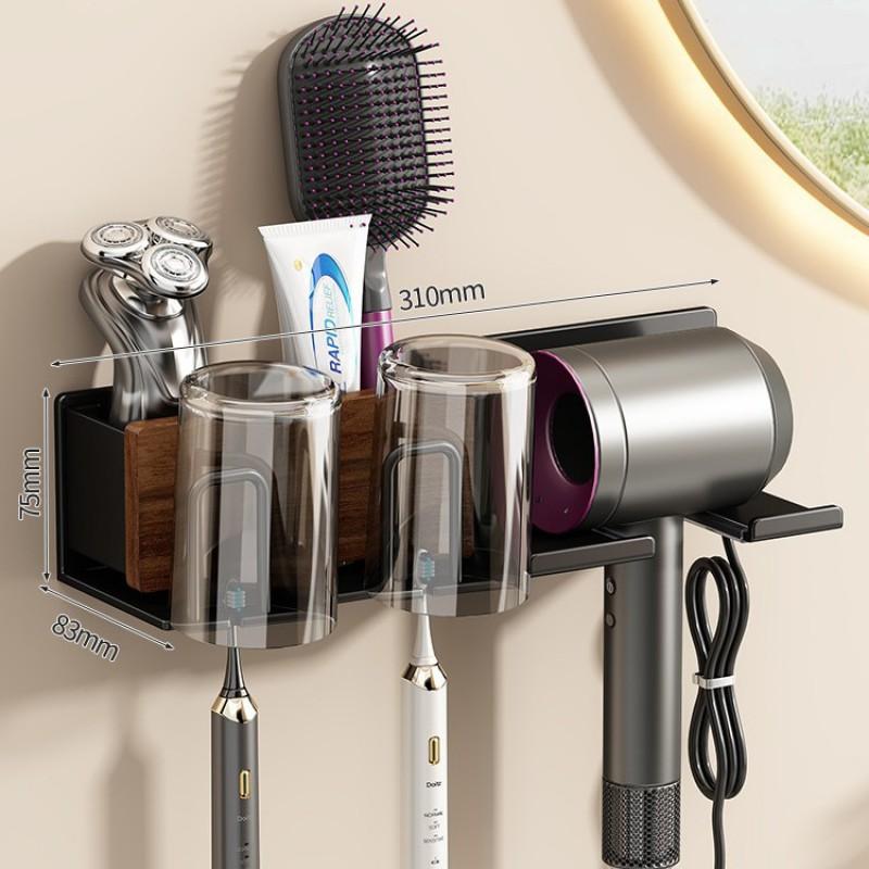 Walnut Wood Hair Dryer Holder Wall Mounted Bathroom Organizer Shelf Toothbrush Hairdryer Modern Minimalist Design