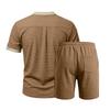 Men's 2-Piece Casual Outfit Henley Neck Short Sleeve T-Shirt Elastic Waist Shorts Set Summer Breathable Textured Tracksuit