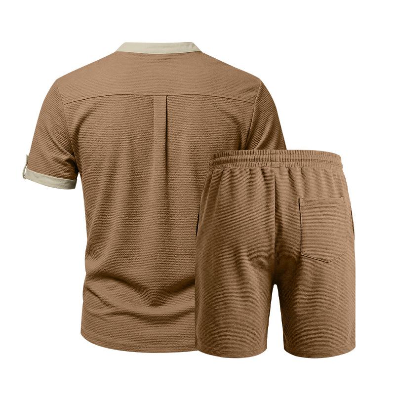 Men's 2-Piece Casual Outfit Henley Neck Short Sleeve T-Shirt Elastic Waist Shorts Set Summer Breathable Textured Tracksuit