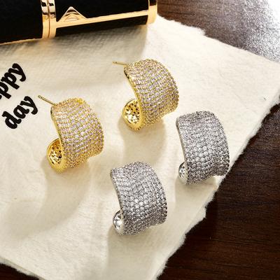 2026 High-End Full Zircon Micro-Pave C-Shape Earrings - Elegant Copper Gold Plated Wide Hoop Studs for Women Light Luxury Jewelry