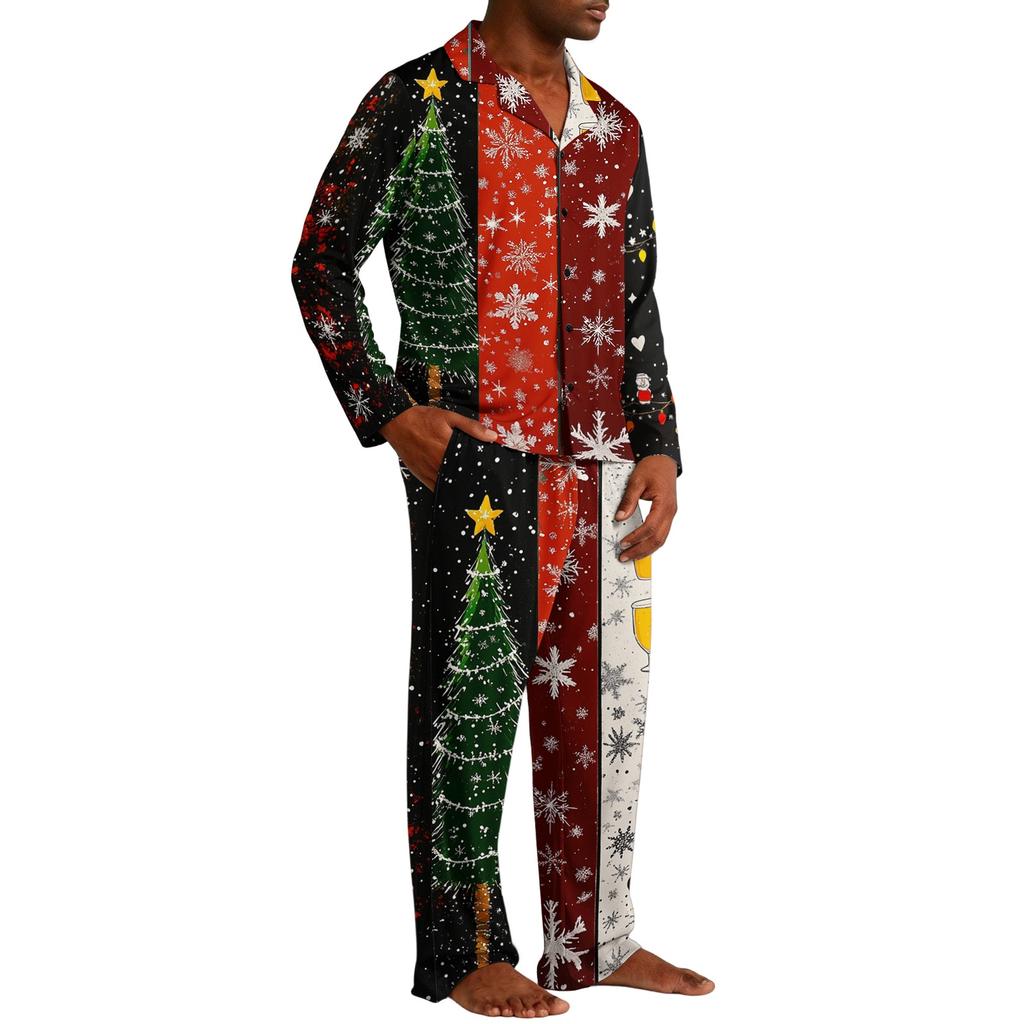 Men's Christmas Pajama Set with Button Down Shirt and Straight Leg Pants, Casual Print Sleepwear Two Piece Outfit, Festive Holiday Loungewear