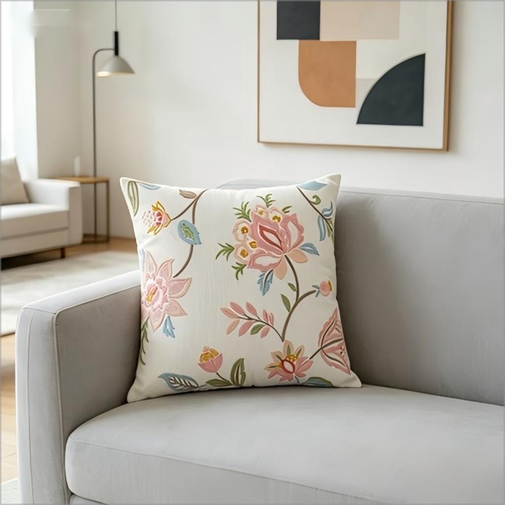 Boho Floral Print Throw Pillow Cover, Pastel Pink Green Botanical Faux Embroidery Style Decorative Cushion For Living Room Sofa
