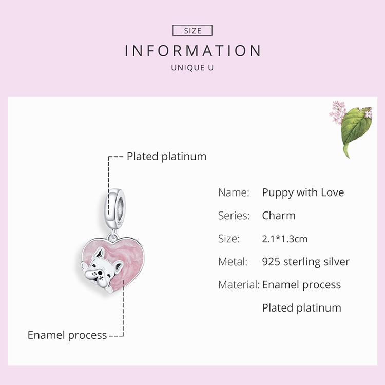 BAMOER 925 Sterling Silver Bead Cute Puppy Charm Pink Heart Shape Pendant Fit Origional Bracelet Jewelry Gift for Girl