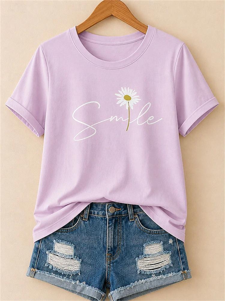 New Women Casual and Fashionable Short-Sleeve T-Shirt Simple Floral Print Round Neck Comfortable and Breathable Short-Sleeve Top