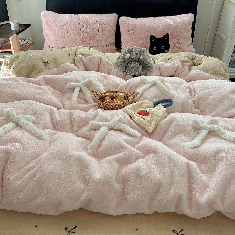 Winter new soft rabbit fleece four-piece set three-dimensional bow thickened warm milk fleece duvet cover dormitory