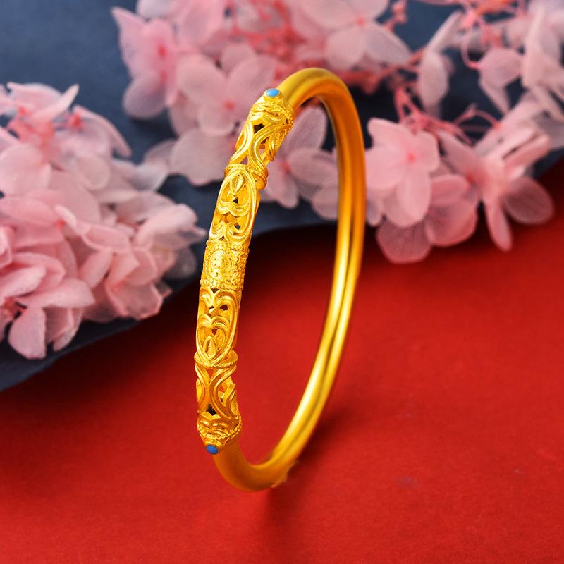 Вьетнамский латунный браслет с золотым покрытием: Резьба по дереву с иероглифом Фу с ажурным дизайном - Женская мода, подарок на Циси