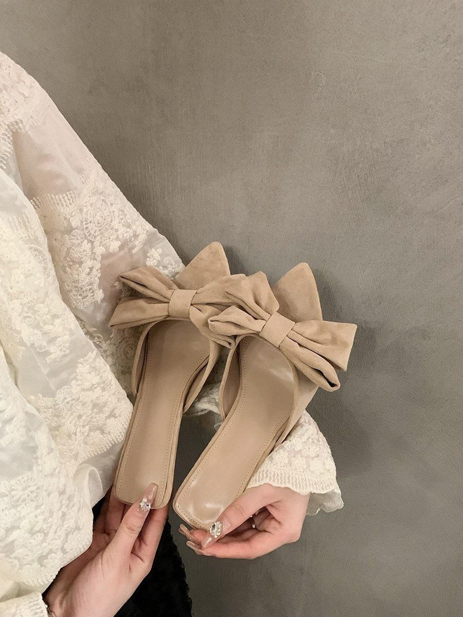 

Маленькие классные тапочки на высоком каблуке с острым носком, женская обувь, новинка 2025 года, босоножки с бантом и темпераментом 35 абрикосовый