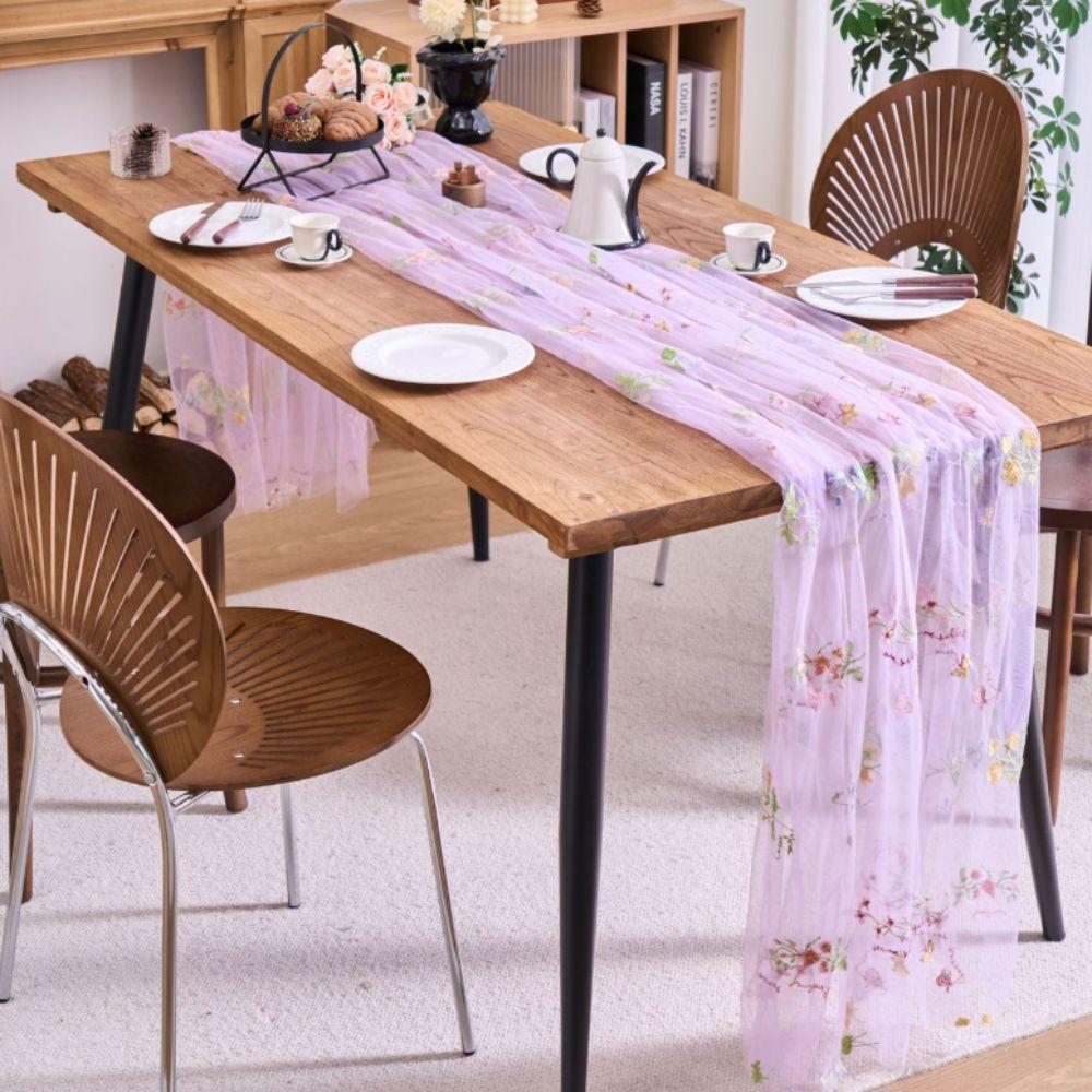 French Pastoral Style Embroidered Flower Lace Table Runner Retro Romantic Lace Tulle Runner Long Strip Breathable Table Linen