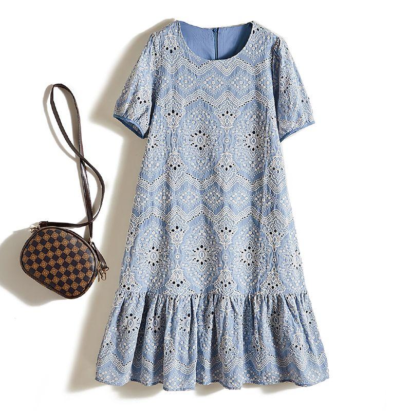 

Cotton Stitched Pattern Hollow round Neck Short sleeve Sky Blue Pleat Fishtail Dress Summer Women Temperament Elegant Dress Sky Blue 2XL