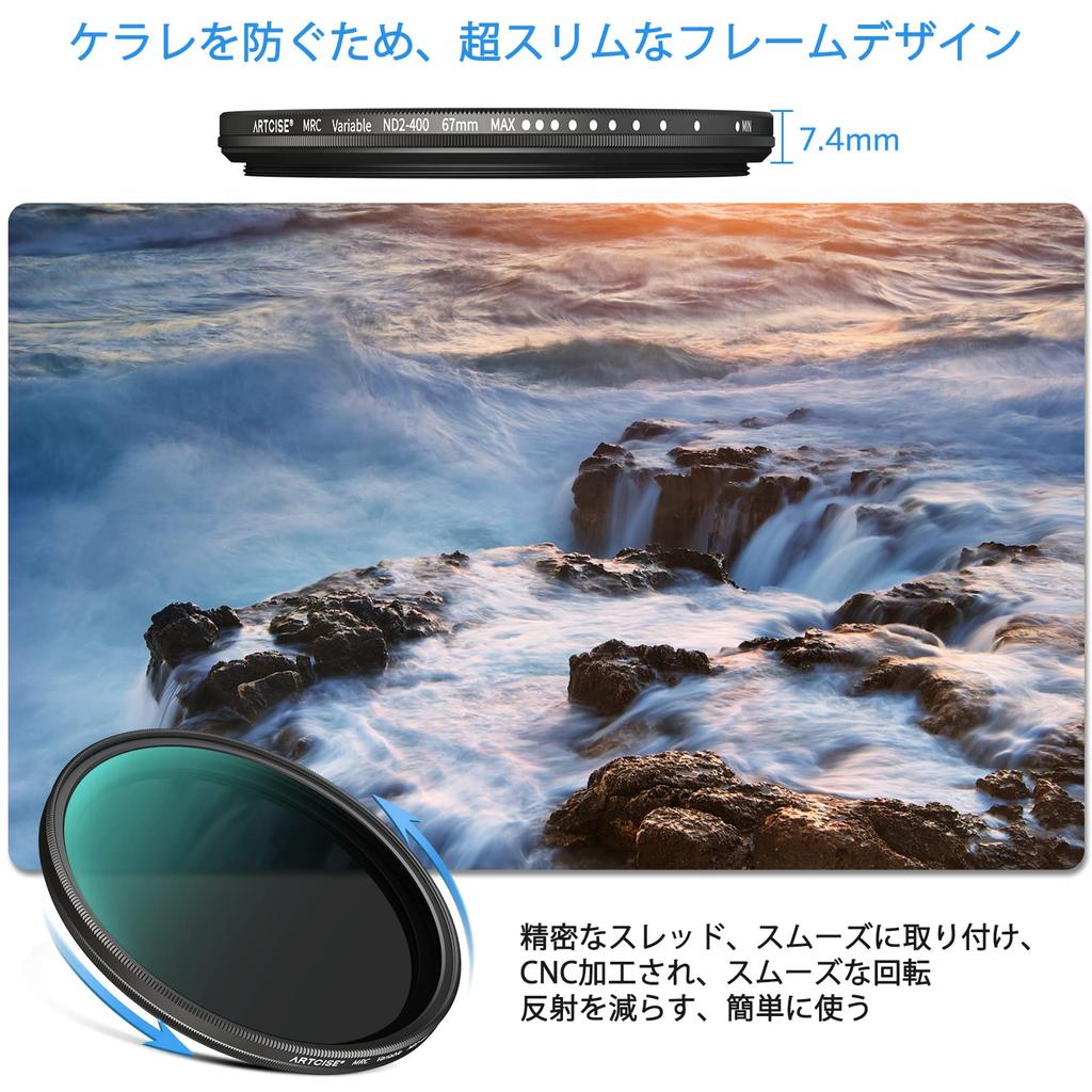ARTCISE Circular Variable ND Nano Thin for Cameras ND2-400 Filter, 62mm, Ultra-Thin Contrast, Multi-Layer Coating, Color-Imperfect, Anti-Reflection,